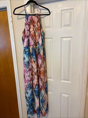 Lily Rose Floral Geometric Maxi Dress in Blue, Pink, Orange
